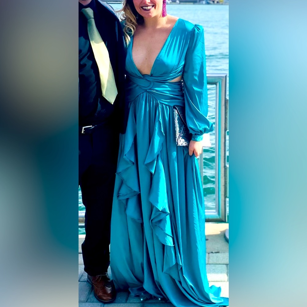 Satin Ruffle Tiered Turquoise Cut Out Long Sleeve Gown Maxi Dress Open Back